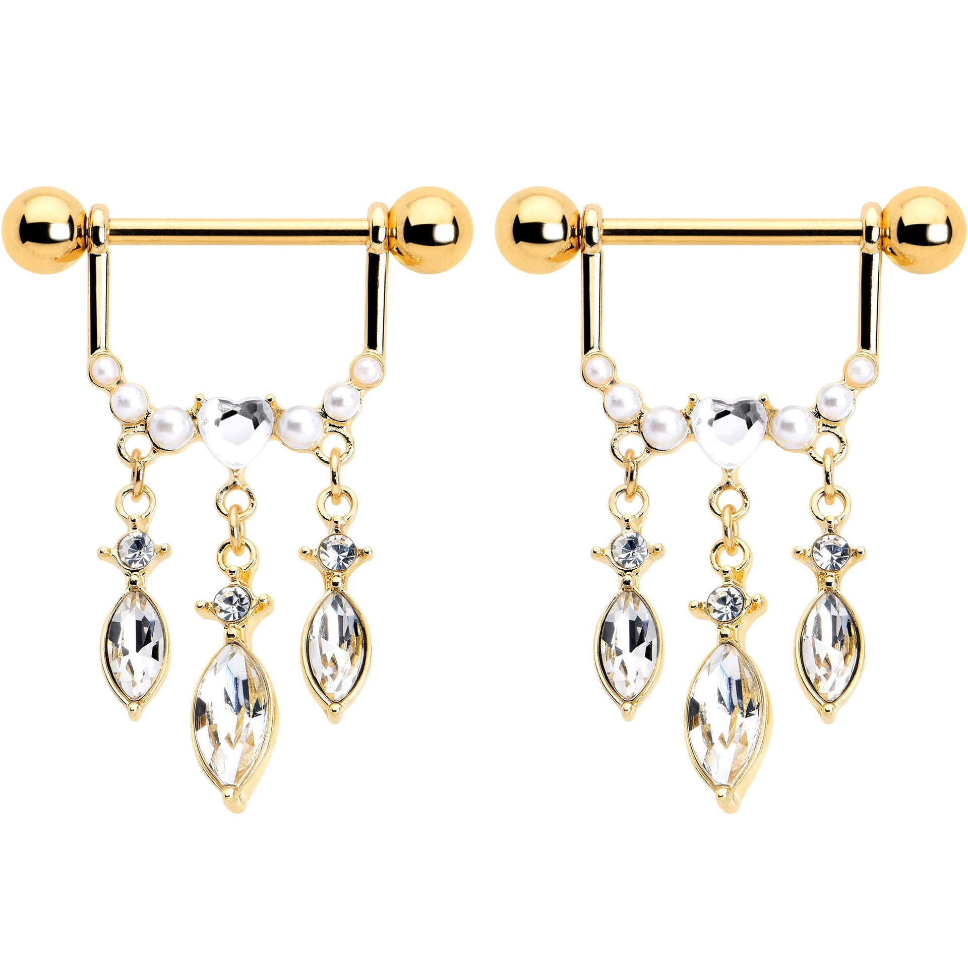 14G 9/16 Clear Gem Gold Tone Heart Triple Dangle Nipple Ring Set
