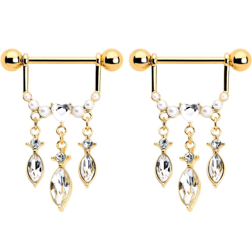 14G 9/16 Clear Gem Gold Tone Heart Triple Dangle Nipple Ring Set