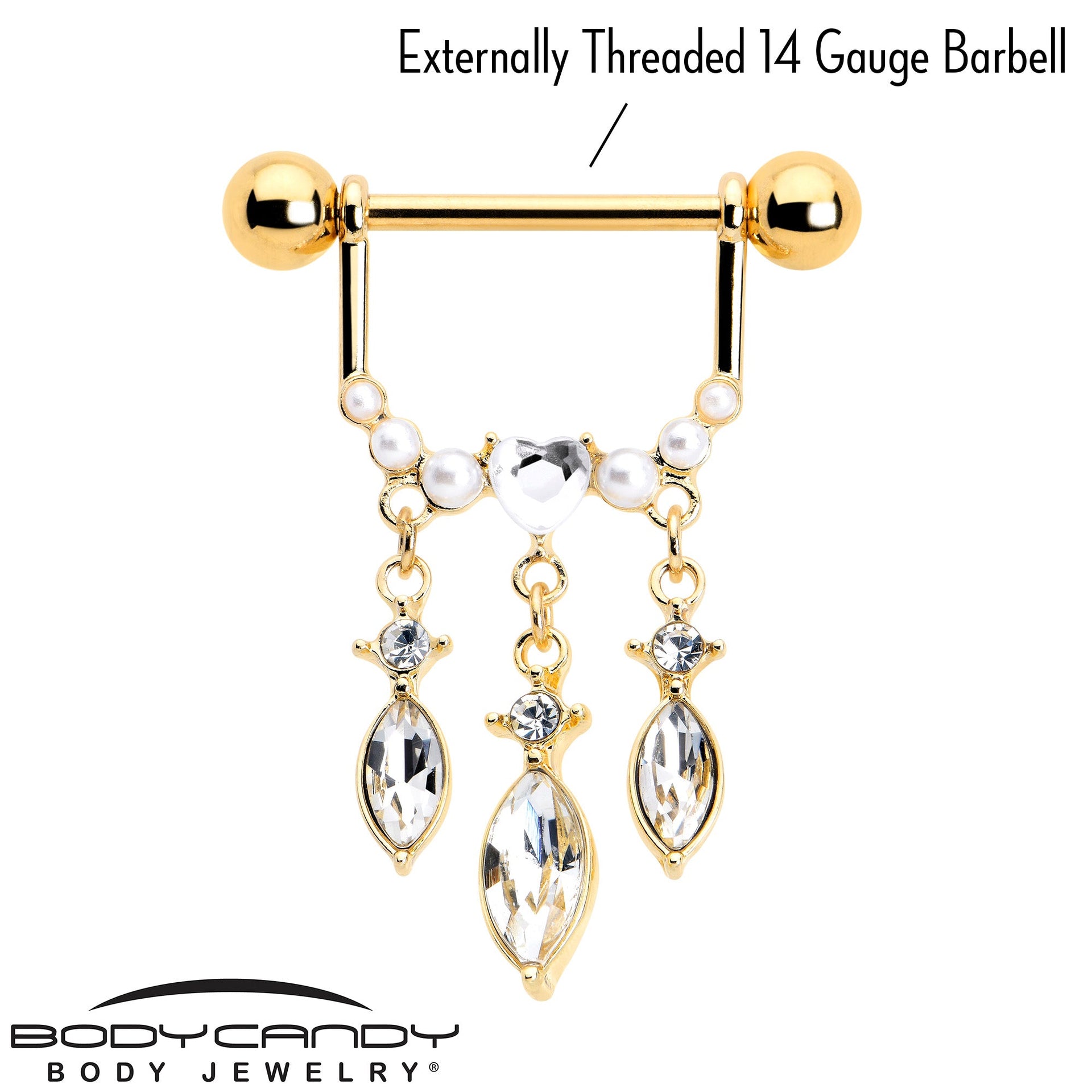 14G 9/16 Clear Gem Gold Tone Heart Triple Dangle Nipple Ring Set