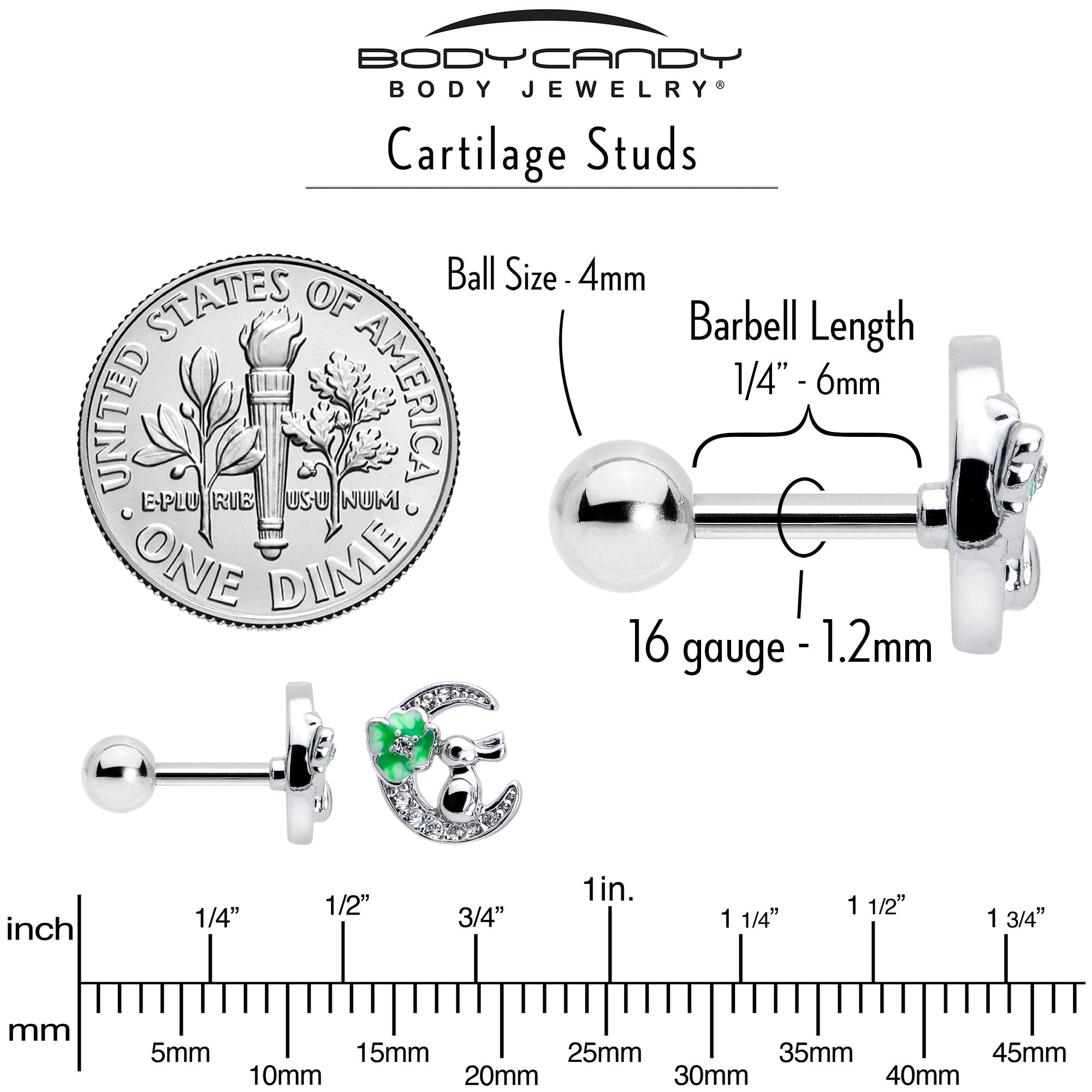 16G 1/4 Clear CZ Gem Rabbit on the Moon Green Cartilage Earring