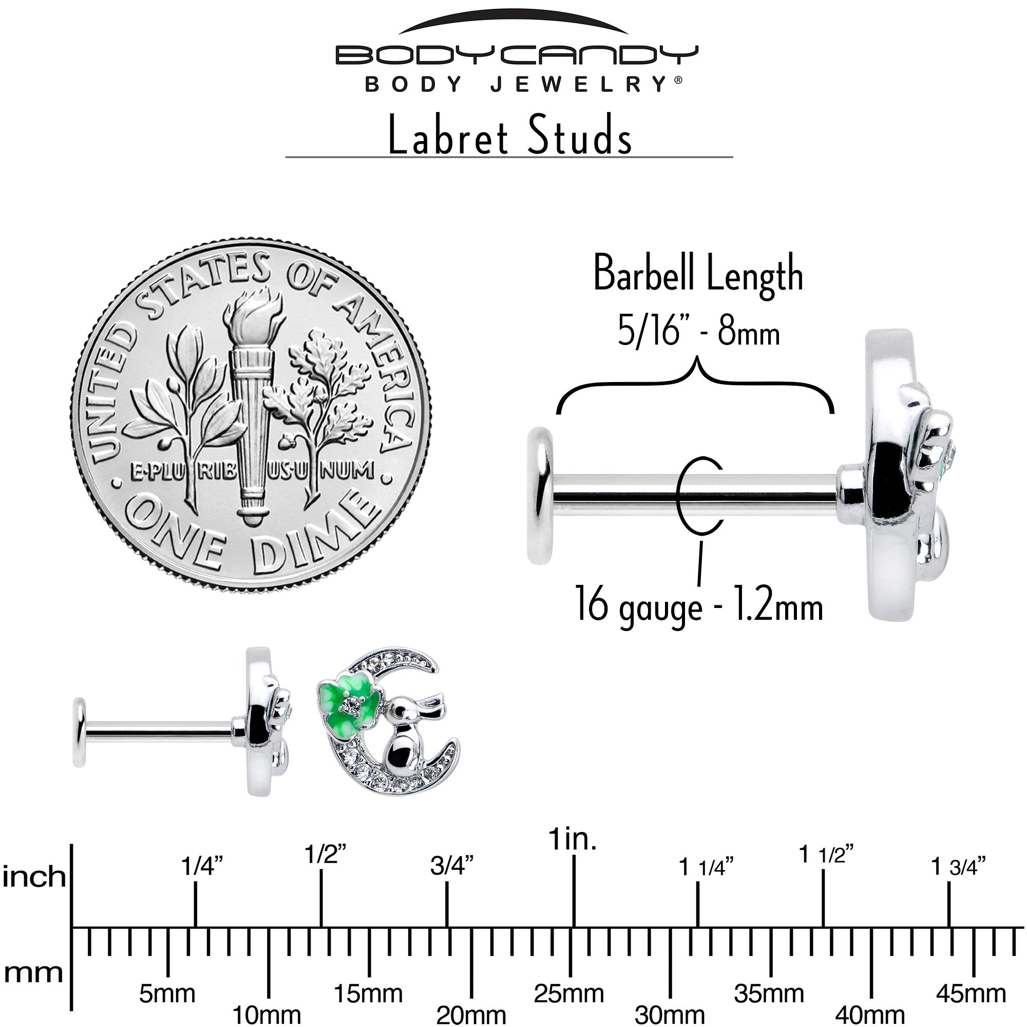 16G 5/16 Clear CZ Gem Rabbit on Moon Green Internally Threaded Labret
