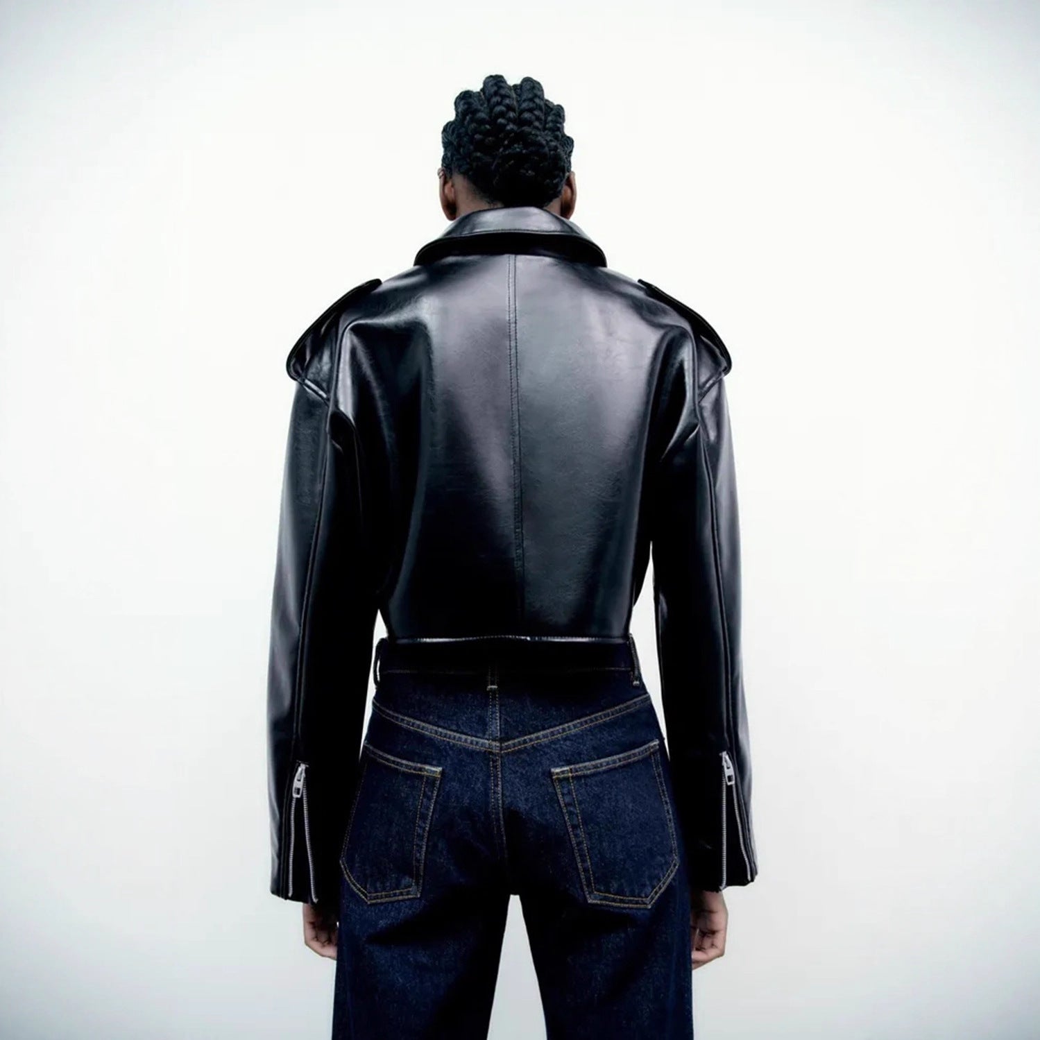 Women's Black Faux Leather Cropped Jacket Harajuku Style - Image 4