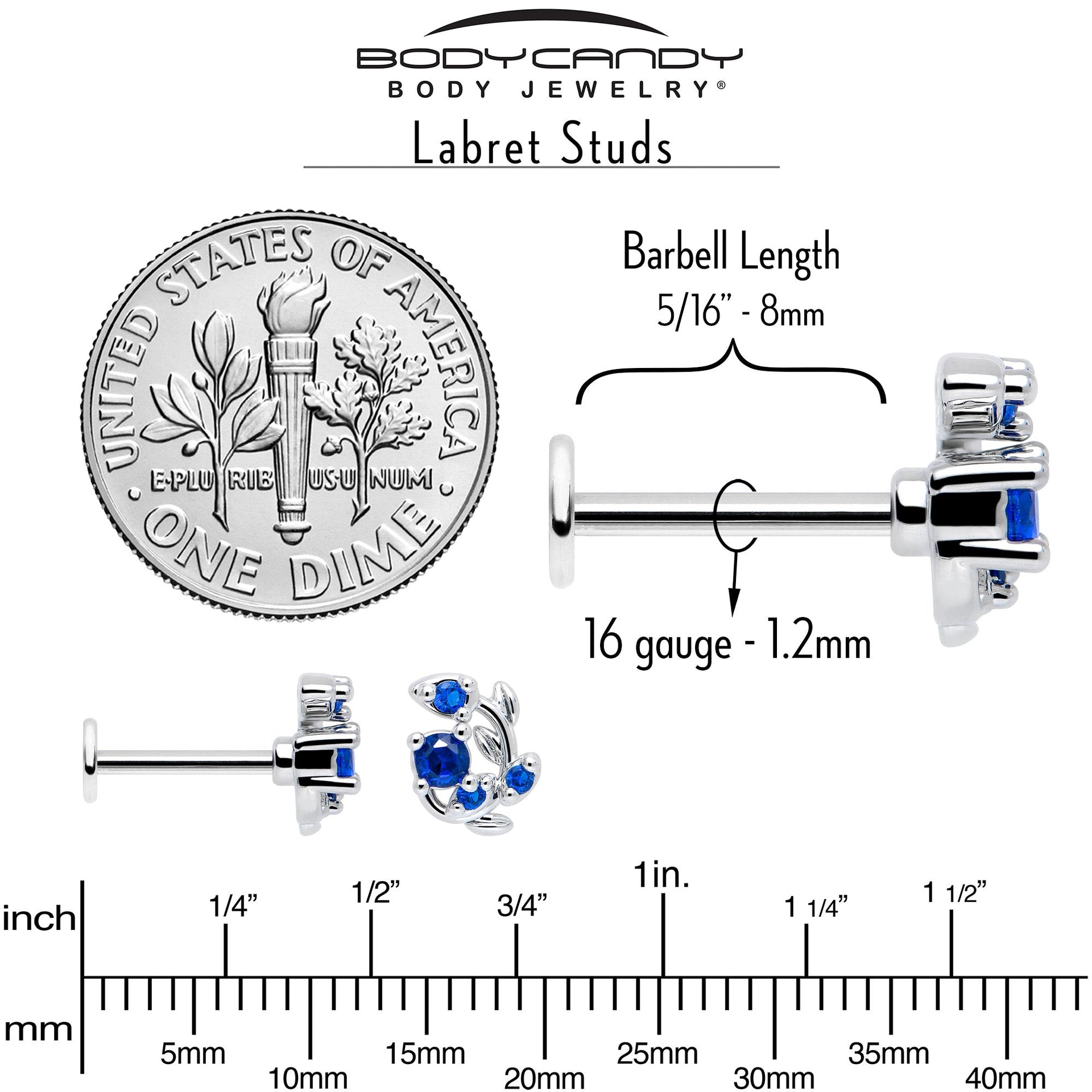 16G 5/16 Blue Gem Twining Vine Flatback Stud