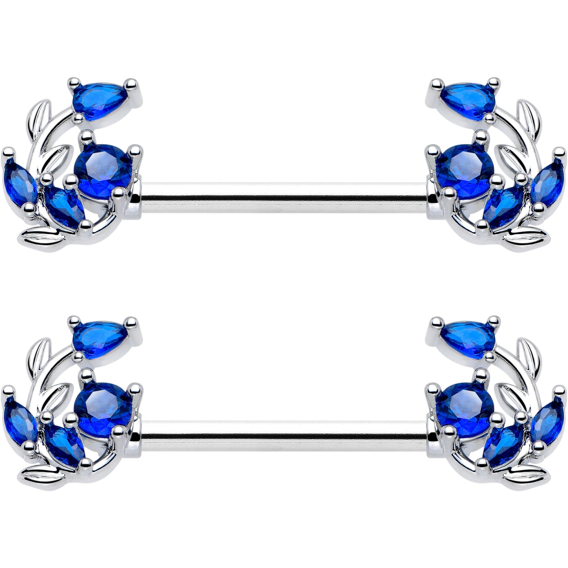 14G 9/16 Blue Gem Twining Vine Barbell Nipple Ring Set