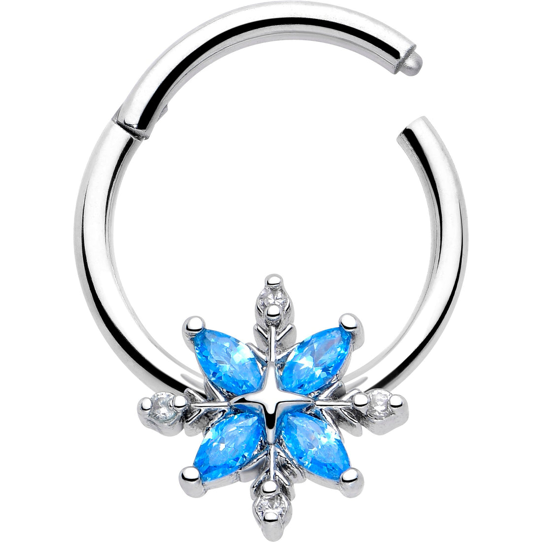 16G 3/8 Blue CZ Gem Classic Flower Hinged Segment Ring
