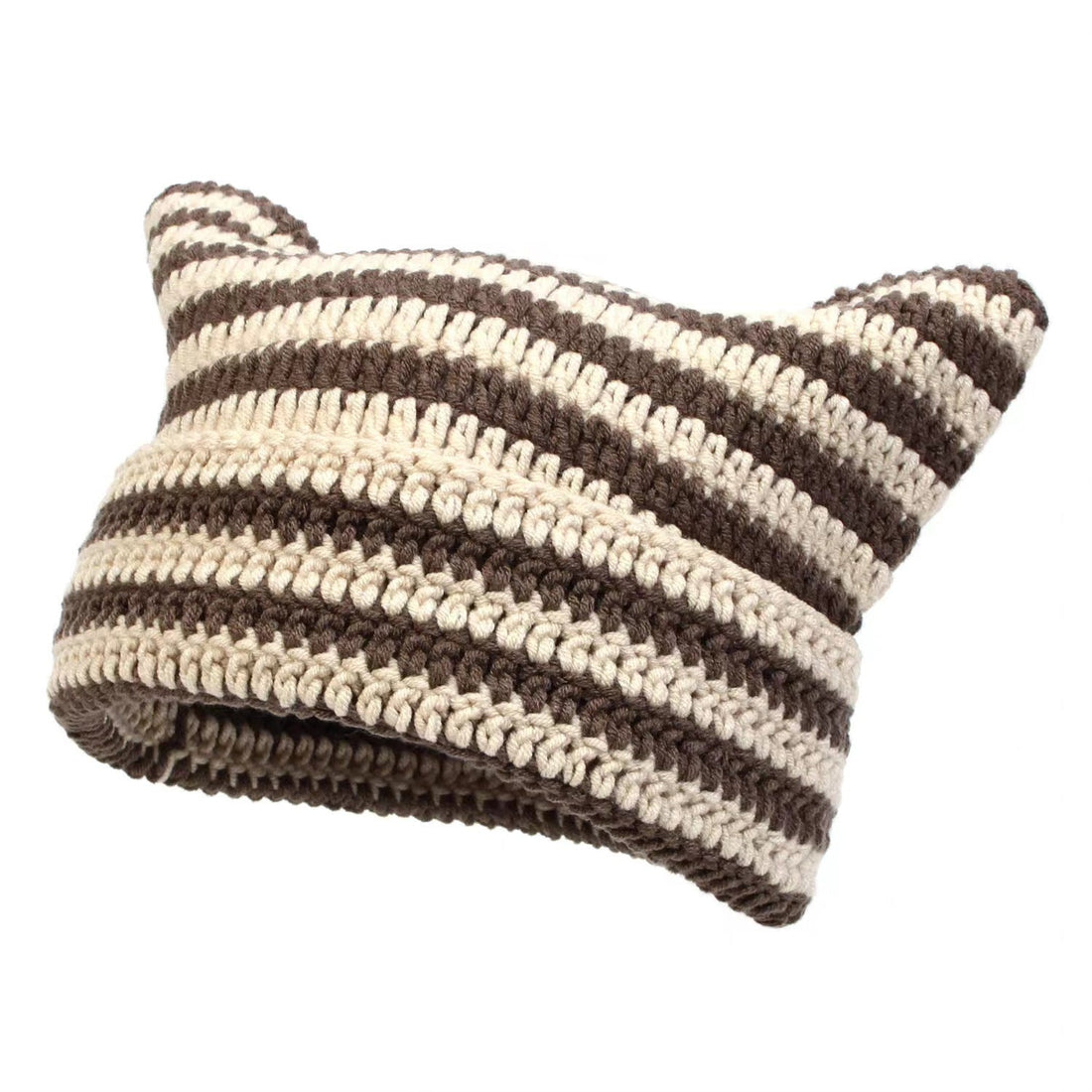 Women's Hand Knitted Striped Cat Beanie Hat