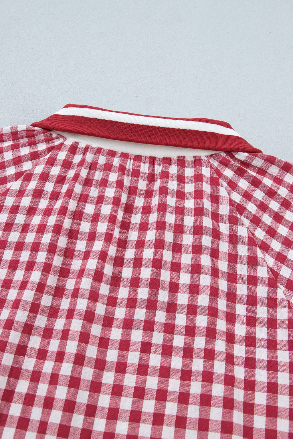 Journi Patchwork Half Zip Blouse in Red and White Geometric