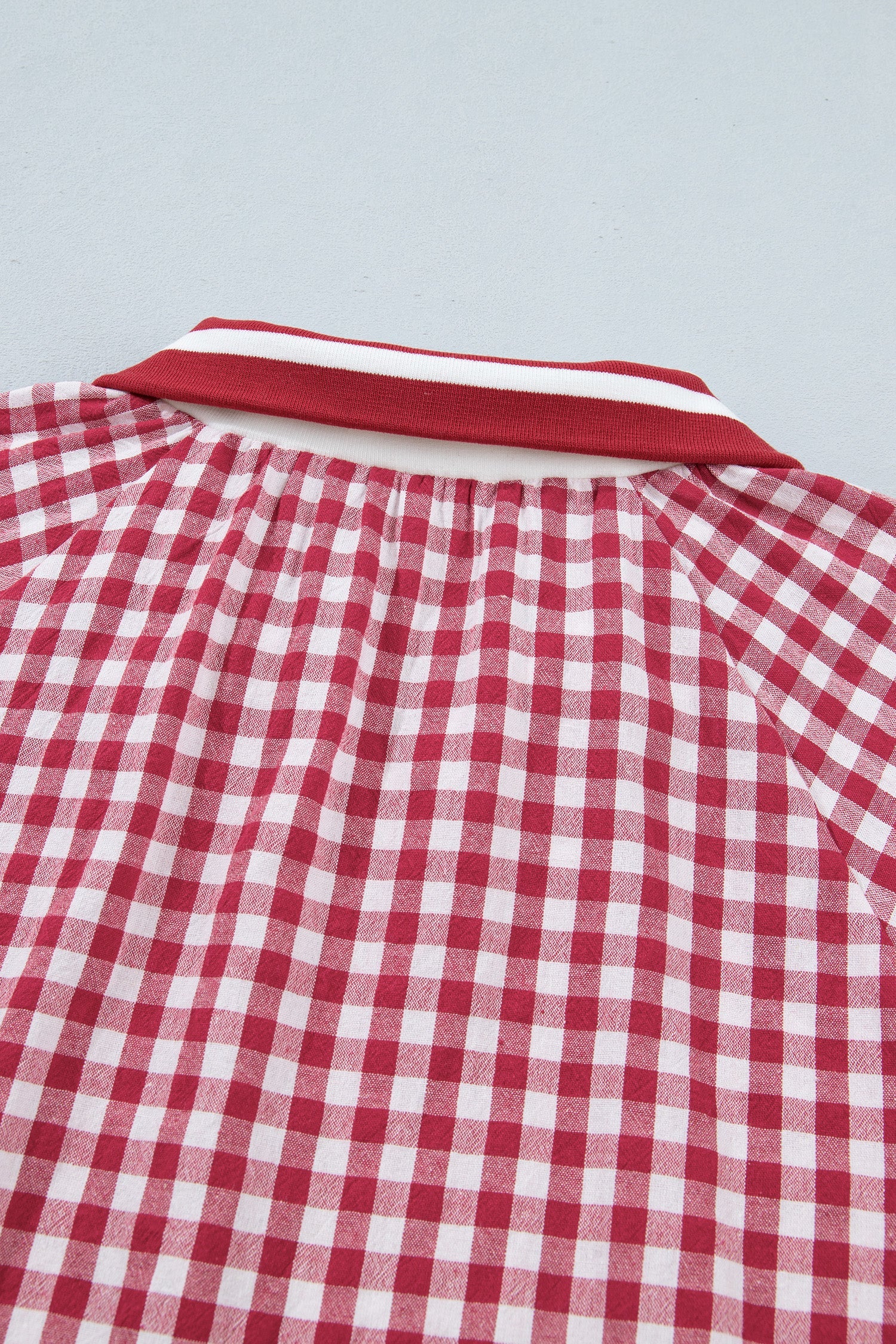 Journi Patchwork Half Zip Blouse in Red and White Geometric