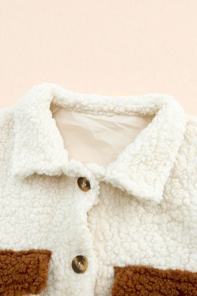 Women's Retro Sherpa Color Block Jacket with Collared Neck