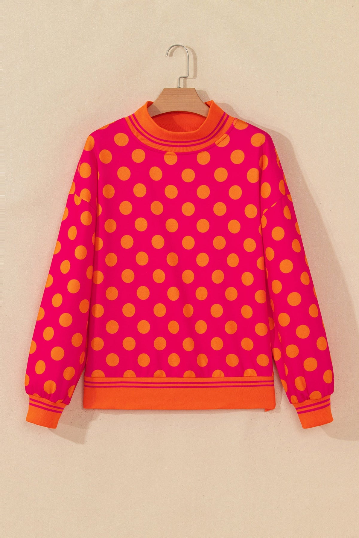 Polka Dot Stripe Trim Mock Neck Sweatshirt