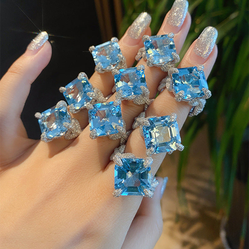 Square Cut Blue Gem Pave Ring, Sparkling Engagement Ring For Her