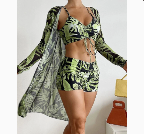 Three-Piece Bikini Set with Sheer Mesh Cover-Up and Briefs
