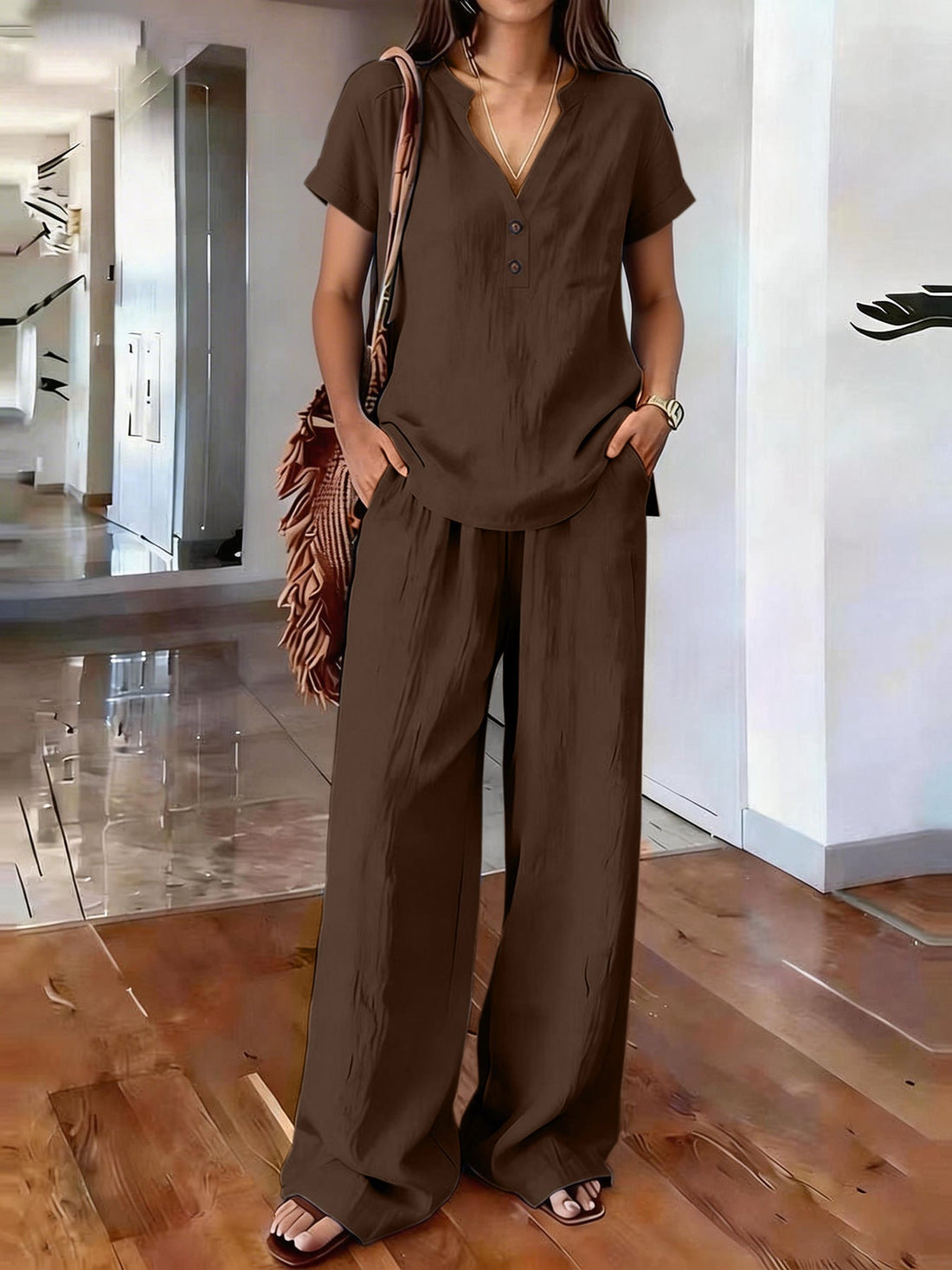 Women’s Casual Solid Color Two Piece Set Relaxed Matching Outfit - Image 3