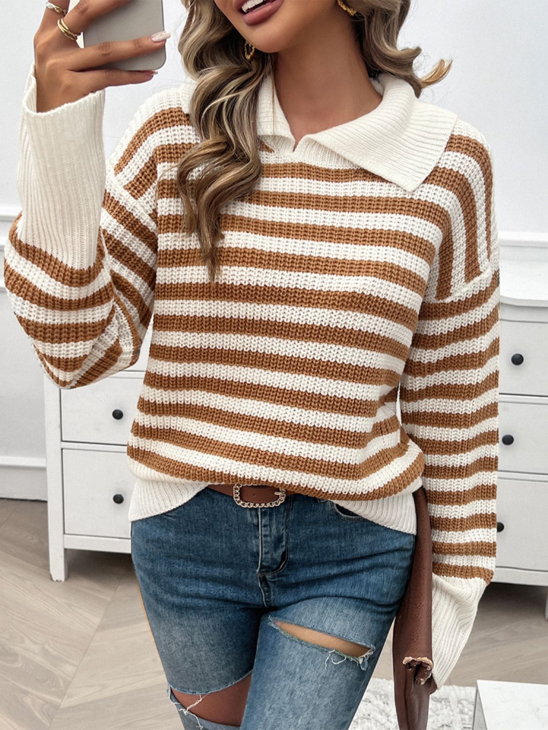 Women's Collared Striped Knit Sweater in Brown and White - Image 5