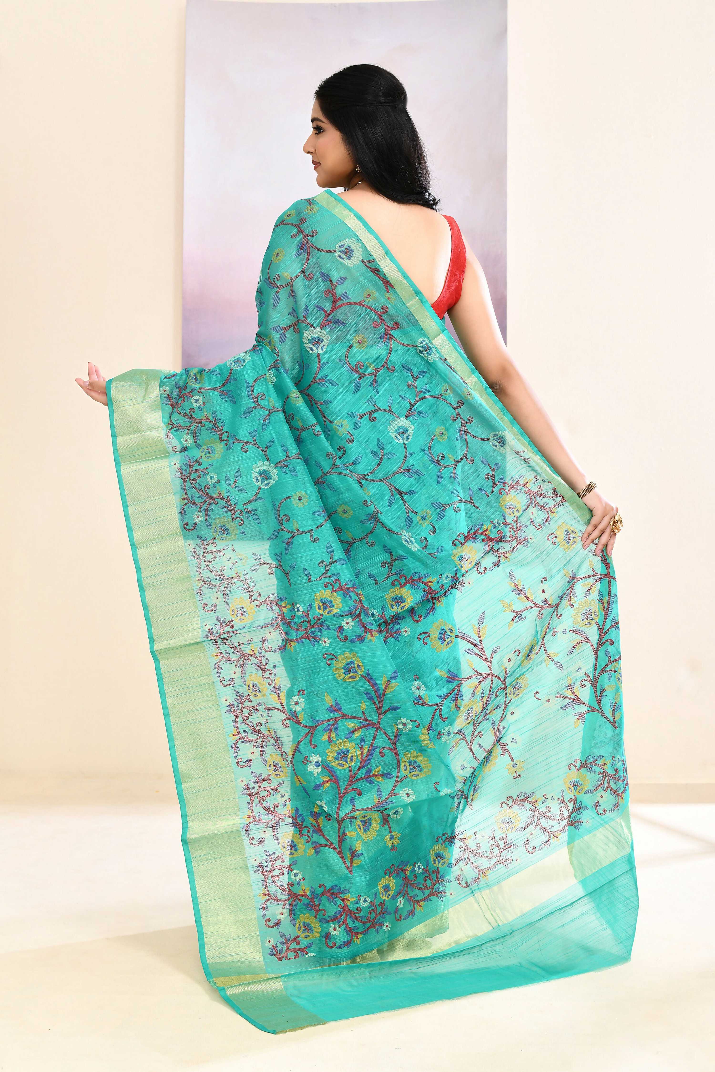 Turquoise Embellished Cotton Blend Printed Saree
