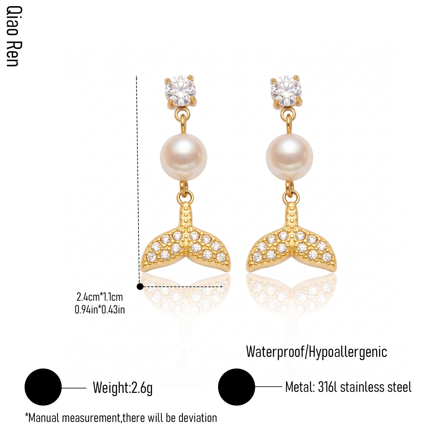 Fashionable High-quality Stainless Steel Mermaid-shaped Pearl Earrings