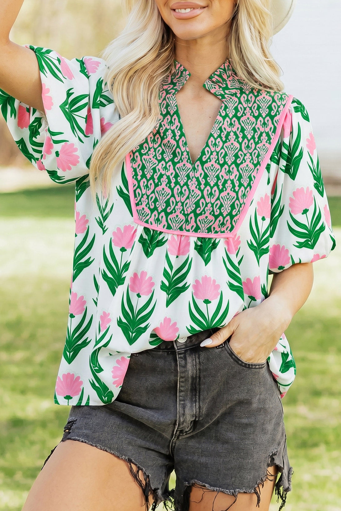 Floral V-Neck Blouse with Contrast Border and Relaxed Shift Fit