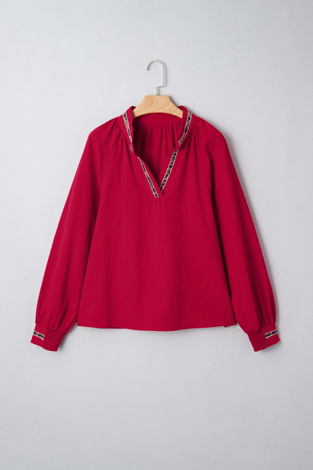 Racing Red Leopard Jacquard Print V Neck Textured Blouse
