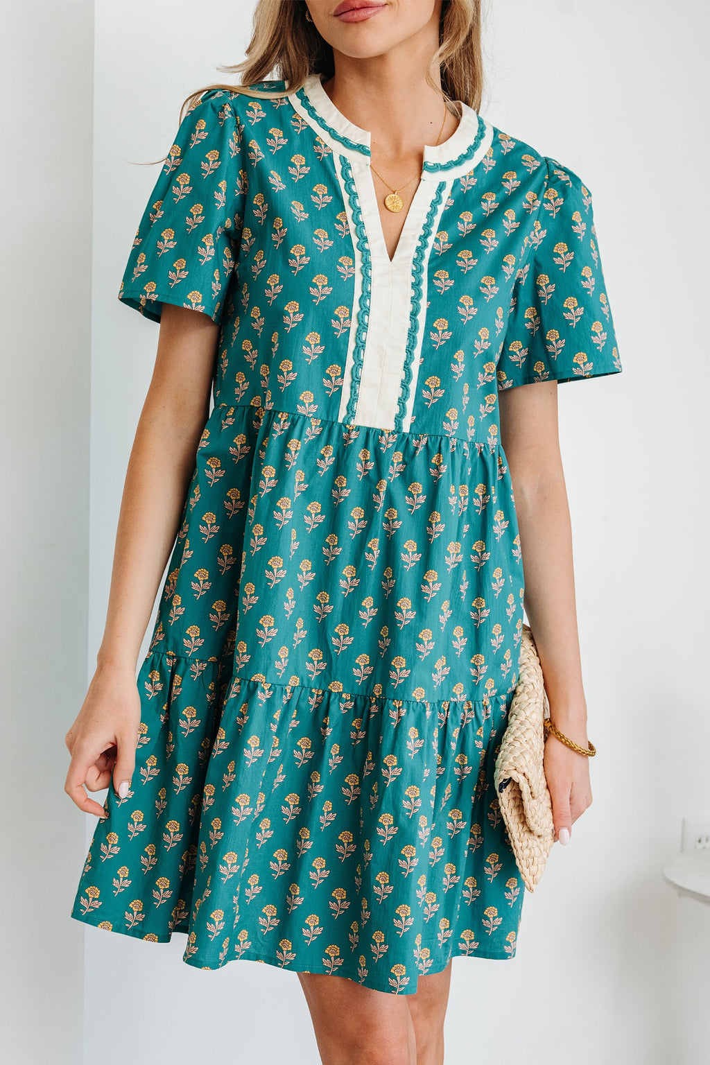 Clover Short Sleeve Floral V-Neck Dress with Contrast Trim