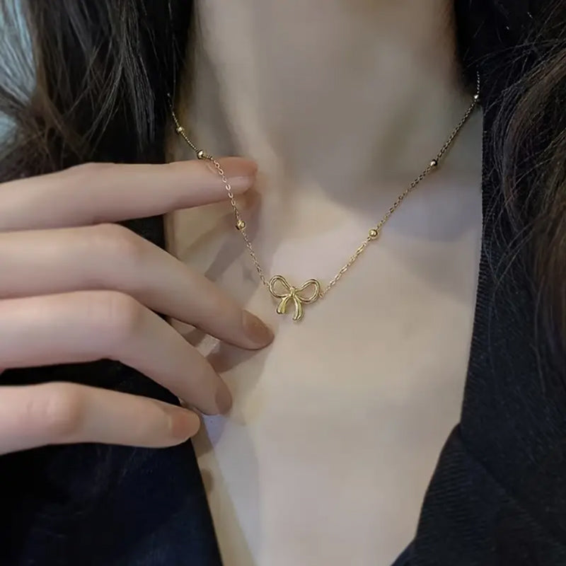 Stainless Steel Gold Tone Jewelry Set For Women Ball Station Chain 3D Bow Knot Pendant Necklace Bow Stud Earrings Sweet Cute Minimalist Fashion Dropshipping Jewelry Gift