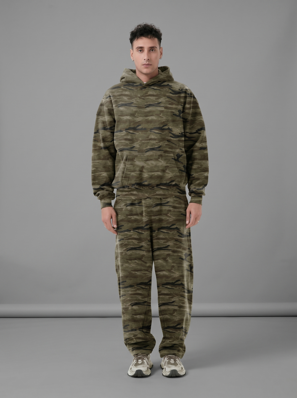 Camo Oversized Heavyweight Curved-Leg Sweatpants in Olive Green