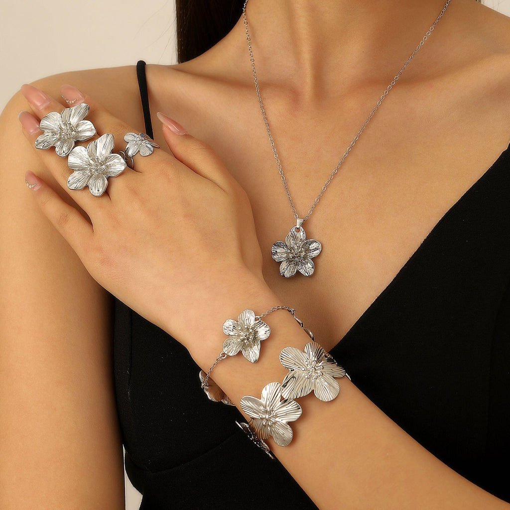 European And American Cross-Border Jewelry Pleated Texture Design Flower Earrings Necklace Bracelet Anklet Ring Bracelet Set For Women