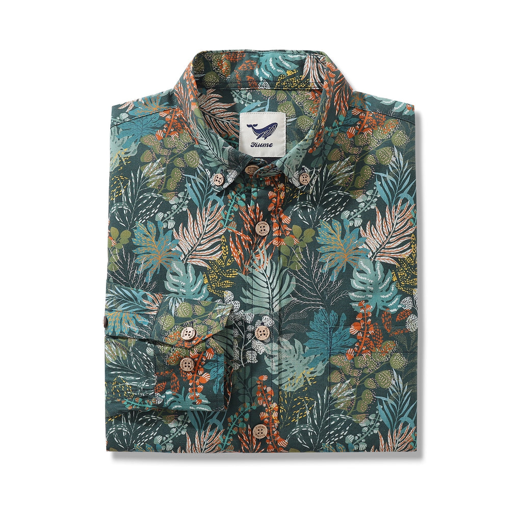 Emerald Tropical Leaf Print Long Sleeve Cotton Hawaiian Shirt