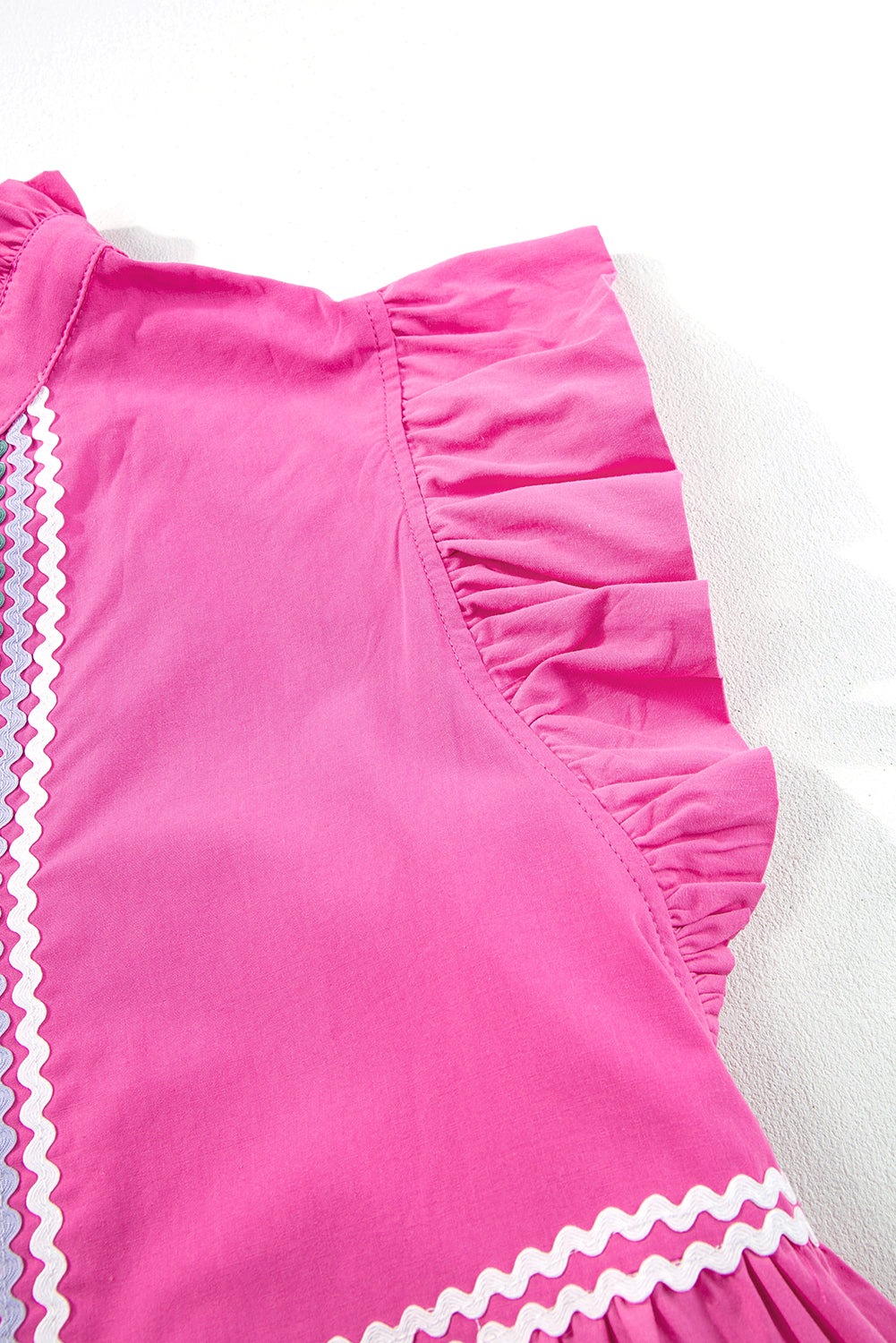 Pink Flutter Sleeve Tiered Ric-Rac Mini Dress