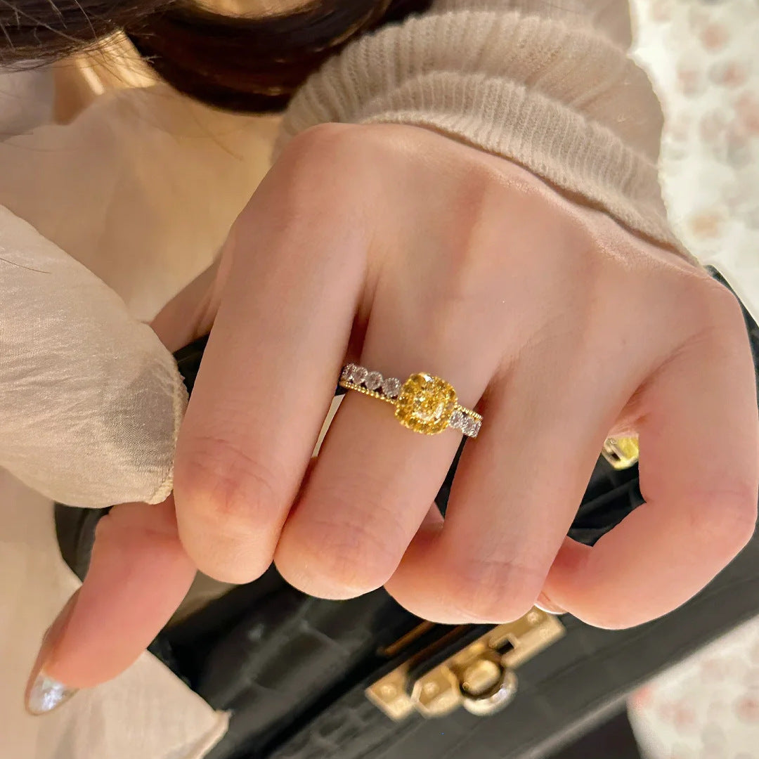 Light Luxury Yellow Diamond Sugar Cube & Pineapple Ring, Niche Design, High-End Exquisite Fashion Gemstone Ring For Women