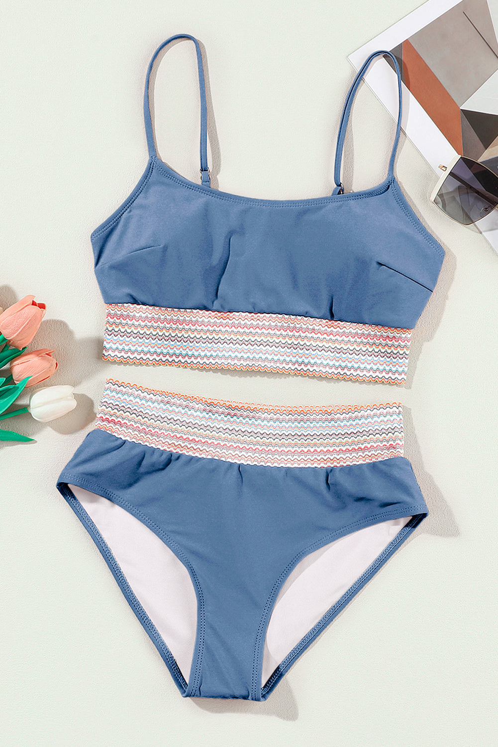 Stripe Border Top & High Waist Bikini Set in Blue Multi