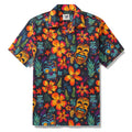 Tiki Tribal Revelry printed shirt featuring warm-hued floral and Tiki statue patterns.