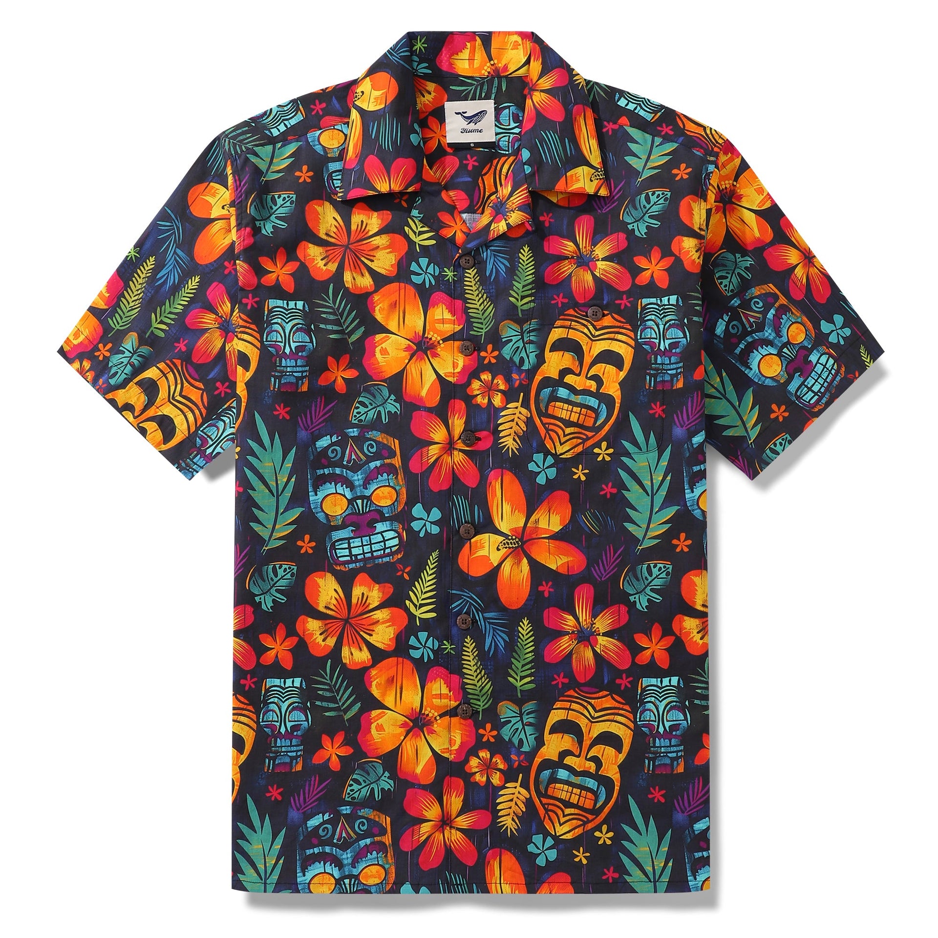 Tiki Tribal Revelry printed shirt featuring warm-hued floral and Tiki statue patterns.