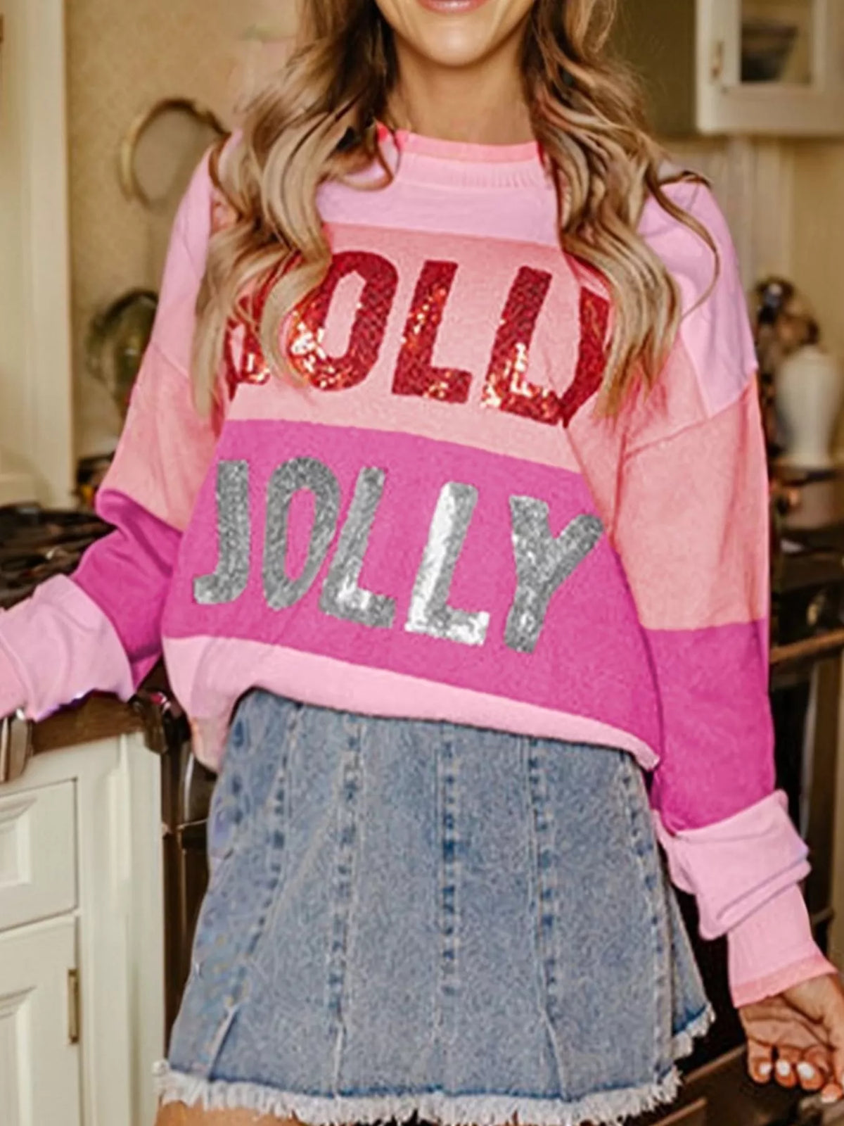 Sequined HOLLY JOLLY Color Block Crew Neck Sweater