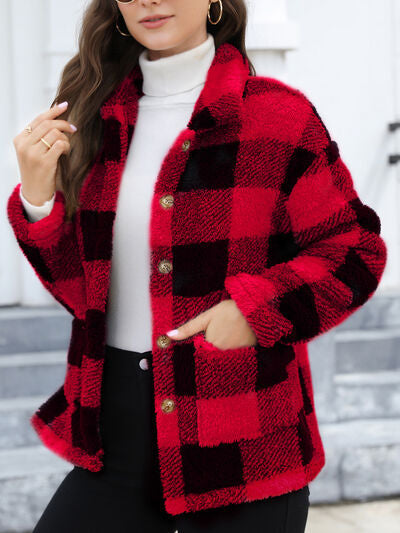Women's Red Drop Shoulder Fuzzy Button-Up Jacket