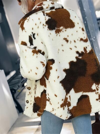 Black and White Cow Print Fuzzy Collared Button Up Jacket