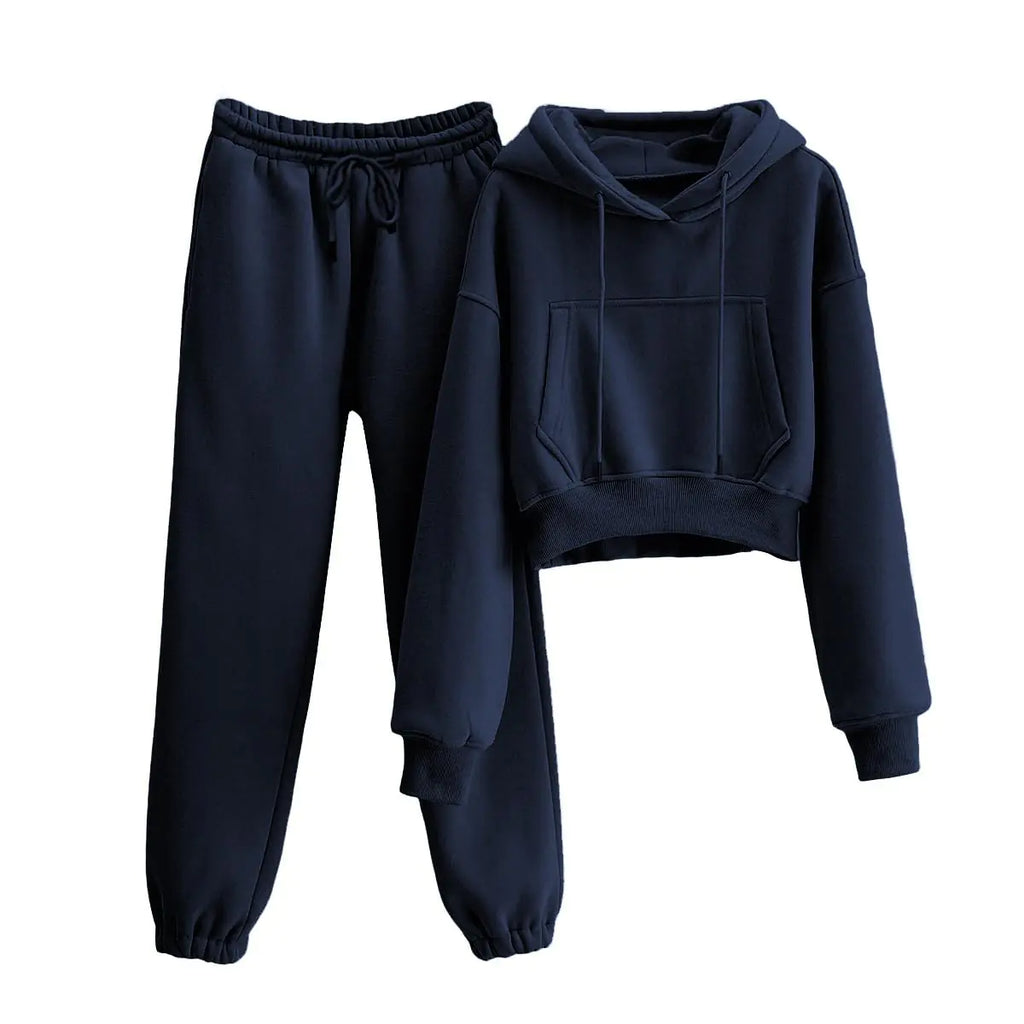 VATEAMI Womens Fleece 2 Piece Outfits Sweatsuit Crop Hooded Pullover Sweatshirt Top Jogger Sweatpants Tracksuits Set (Navyblue-M)