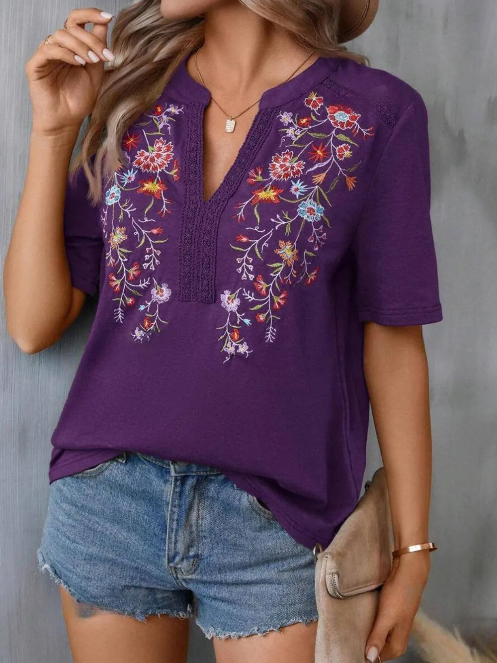 Boho Floral Embroidered Notched V-Neck Lace Trim Top