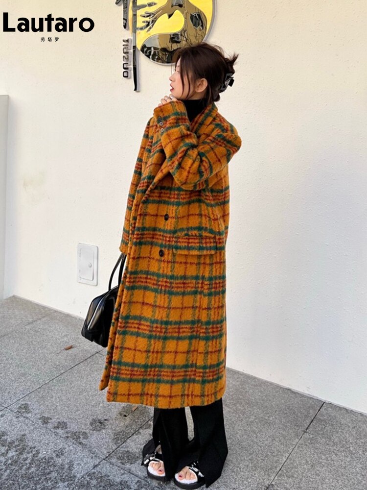 Women Retro Colorful Plaid Woolen Trench Coat Harajuku Style - Image 4