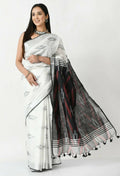 White and black Bhagalpuri handloom Ikat cotton saree featuring subtle maroon accents and matching blouse piece