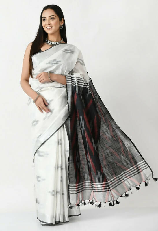 White and black Bhagalpuri handloom Ikat cotton saree featuring subtle maroon accents and matching blouse piece