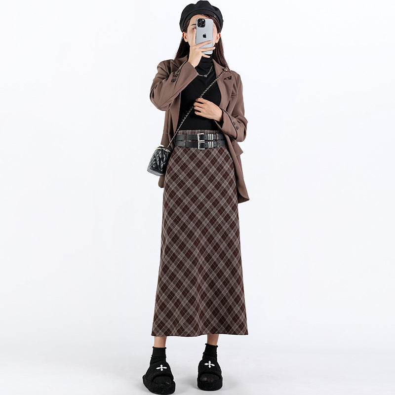 Women's High Waist Plaid A-Line Midi Skirt with Slit - Image 4