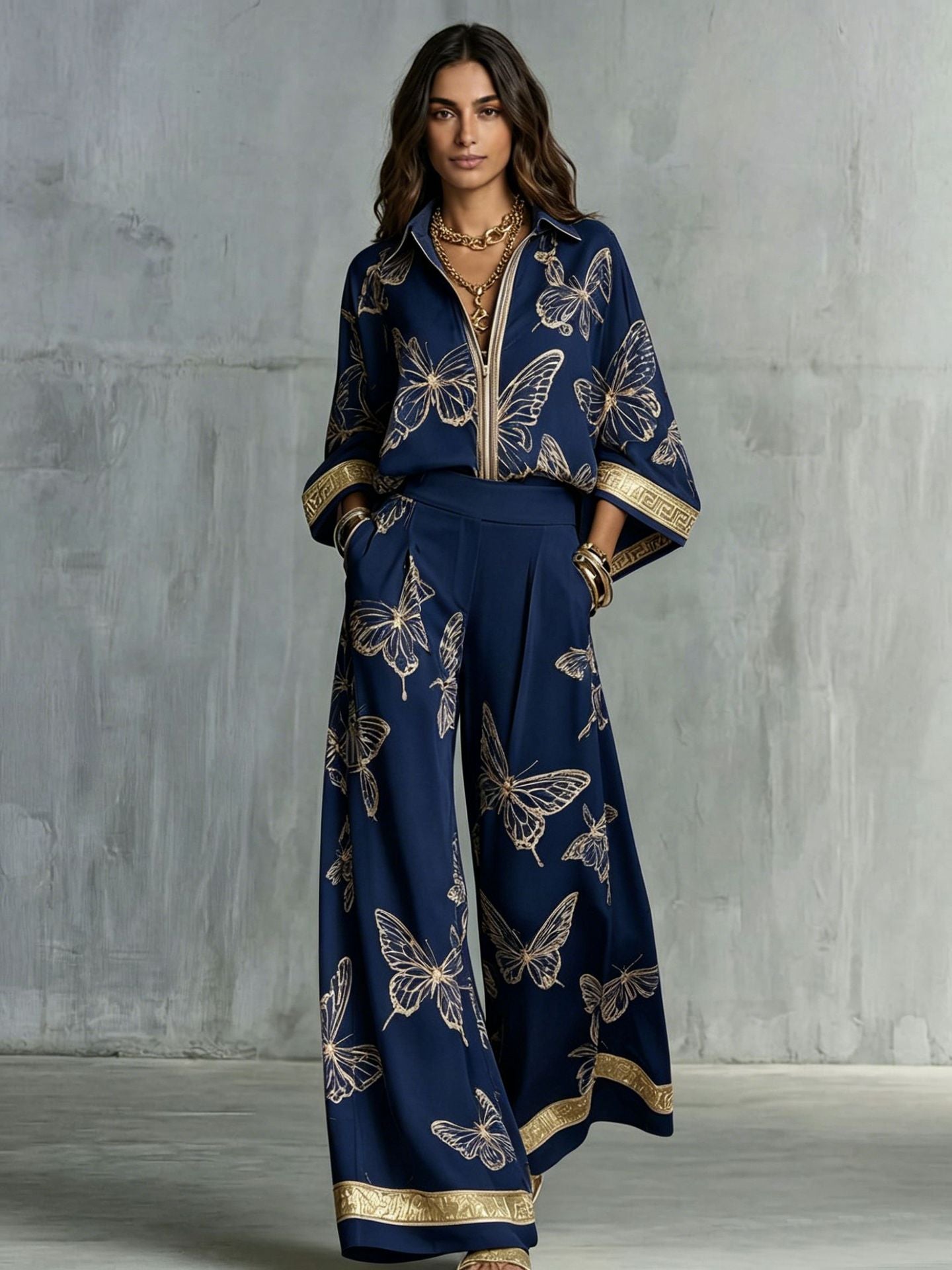 Deep V-Neck Zipper Top and Wide Leg Pants Two-Piece Set