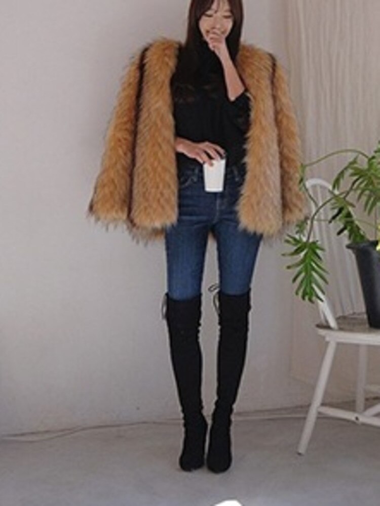 Women's Harajuku Style Faux Fur Coat with Mixed Color Stripes - Image 2