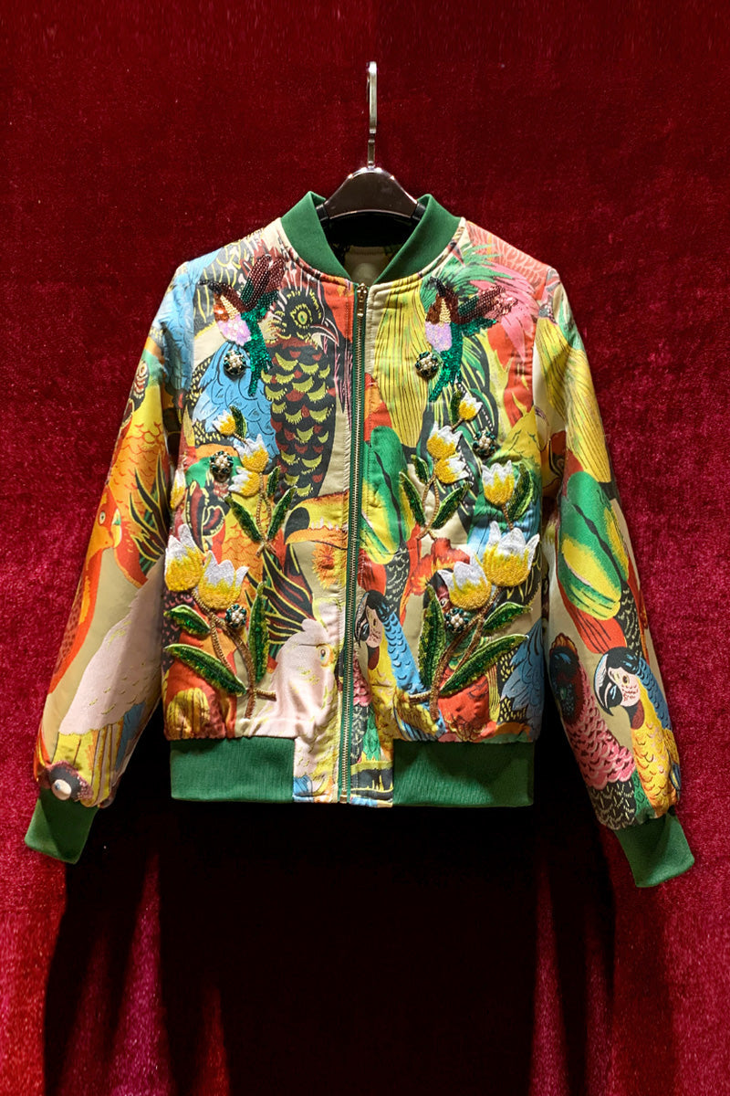 Women's Retro Harajuku Slim Embroidered Parrot Bomber Jacket - Image 6