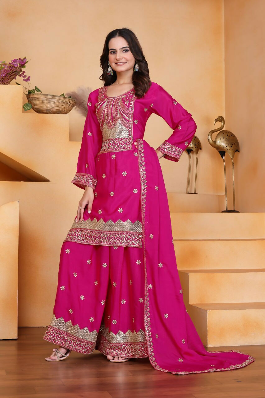 Pink Silk Embroidered Kurti and Sharara Set