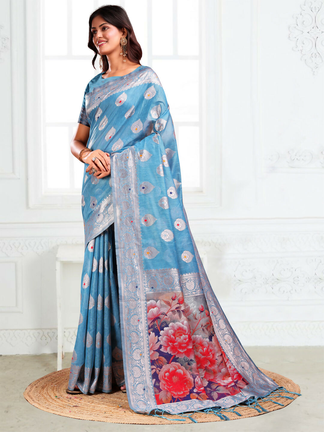 Shree Shyam Fashion Linen Cotton Sky Blue Saree