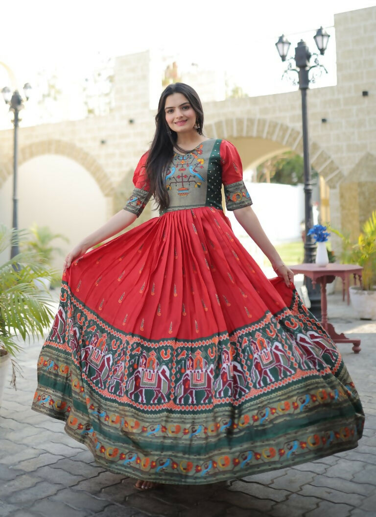 Women's Red Patola Foil Print Dola Silk Anarkali Dress