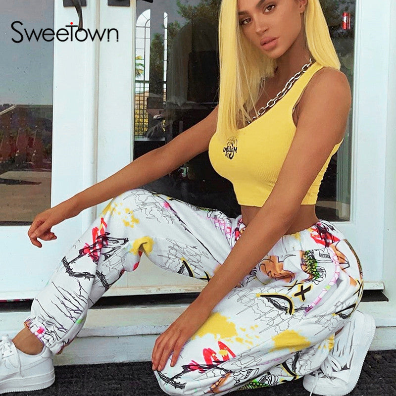 Women's Harajuku Graffiti Print Baggy Cargo Jogger Pants - Image 2