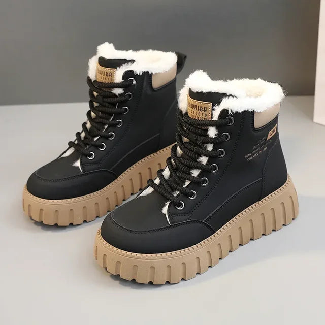 Women's Beige Plush Lined Lace-Up Ankle Boots with Chunky Sole - Image 8
