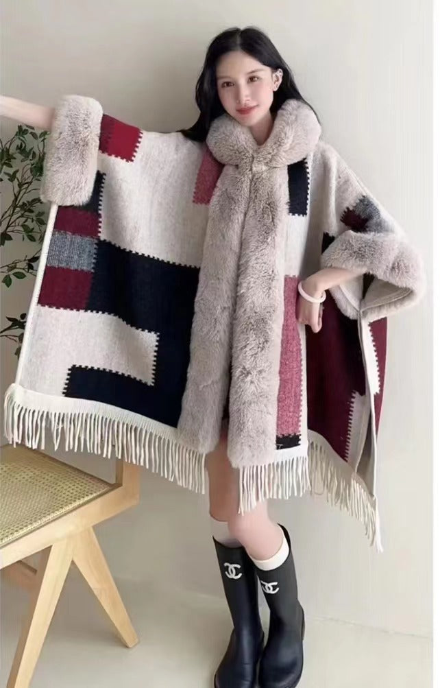 Women's Knitted Hooded Poncho with Fur Trim & Tassels for Winter